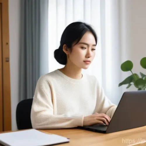 영상콘텐츠 제작 시 주의할 점과 실패 사례 - The Reflective Creator at Her Desk**

A young Japanese female content creator, in her early twenties...