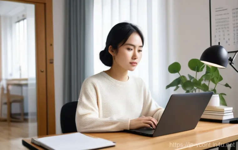 영상콘텐츠 제작 시 주의할 점과 실패 사례 - The Reflective Creator at Her Desk**

A young Japanese female content creator, in her early twenties...