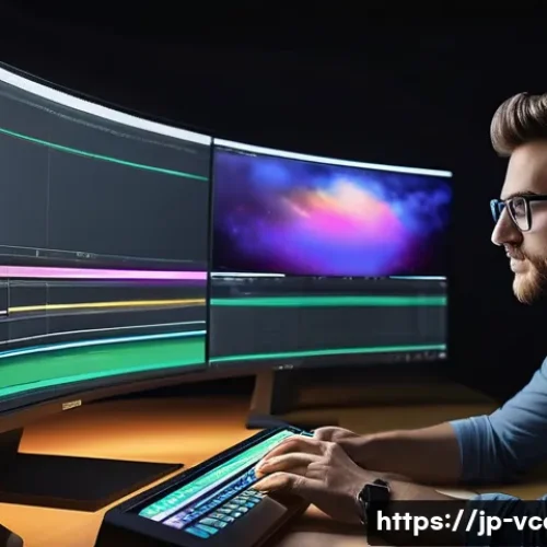 영상콘텐츠 제작에서의 색보정과 사운드 믹싱 - A modern film editing studio scene featuring a professional colorist working on a large curved monit...