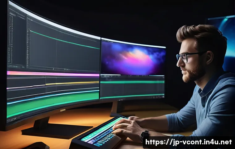영상콘텐츠 제작에서의 색보정과 사운드 믹싱 - A modern film editing studio scene featuring a professional colorist working on a large curved monit...
