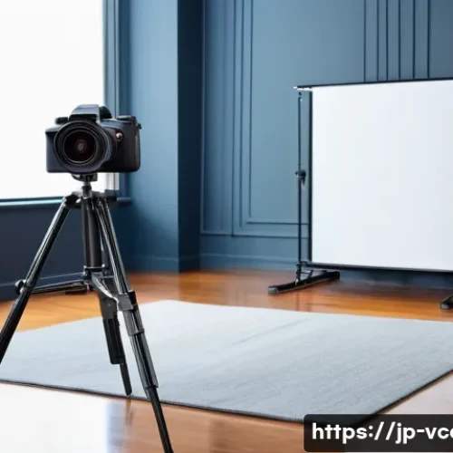 영상콘텐츠 전문가가 알아야 할 장비 선택 팁 - A sleek mirrorless camera setup on a lightweight tripod in a bright indoor studio, featuring a high-...