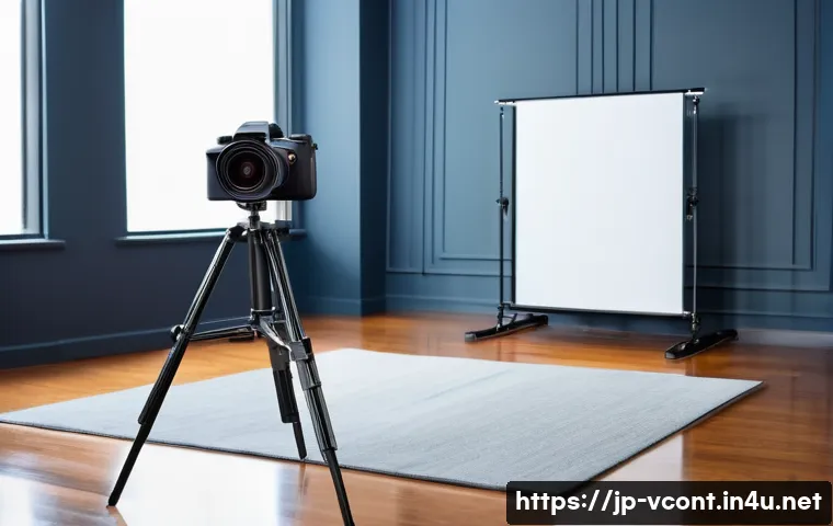 영상콘텐츠 전문가가 알아야 할 장비 선택 팁 - A sleek mirrorless camera setup on a lightweight tripod in a bright indoor studio, featuring a high-...